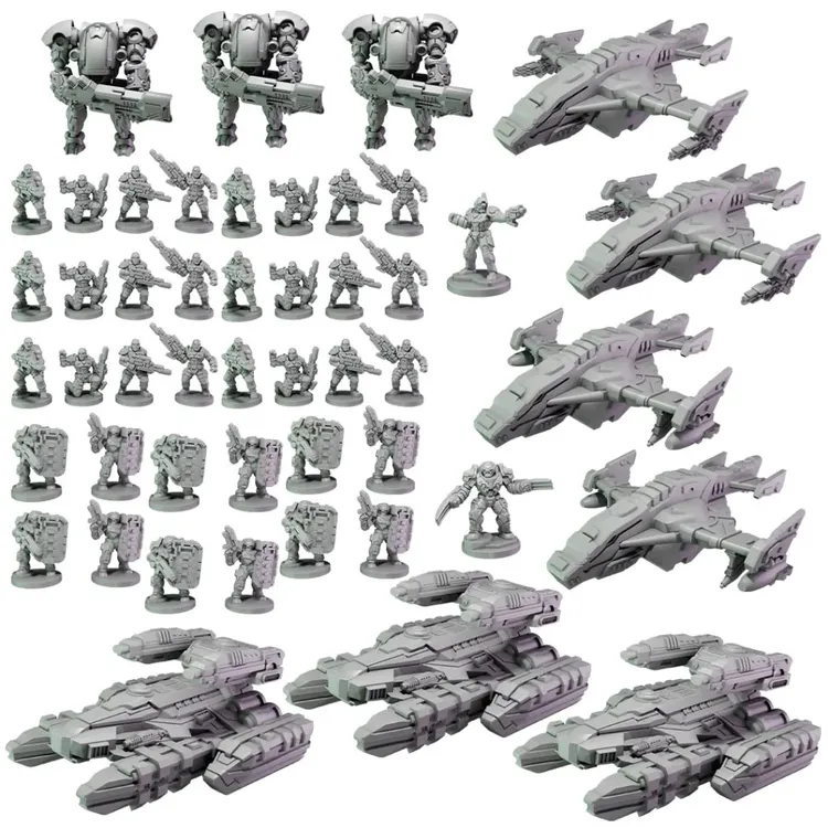 A collection of unpainted 10mm-scale miniatures from the Epic Warpath game, featuring various sci-fi figures and vehicles. The scene includes several humanoid figures in different poses, some equipped with weapons, alongside sleek spacecraft and armored vehicles. The miniatures are displayed in a gray plastic finish, showcasing intricate details and designs characteristic of the game's factions, including Enforcers and Plague units.