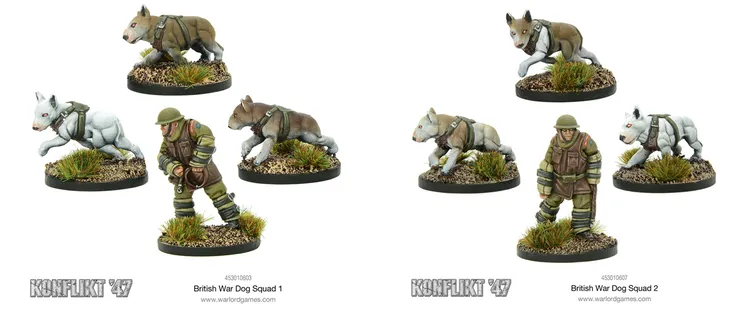 A set of miniatures from Warlord Games features British War Dog squads from the Konflikt '47 range. The scene includes several dogs in harnesses alongside their handlers, depicted on textured bases with tufts of grass. The figures showcase a mix of poses, highlighting the dynamic nature of the canine companions and their human counterparts.