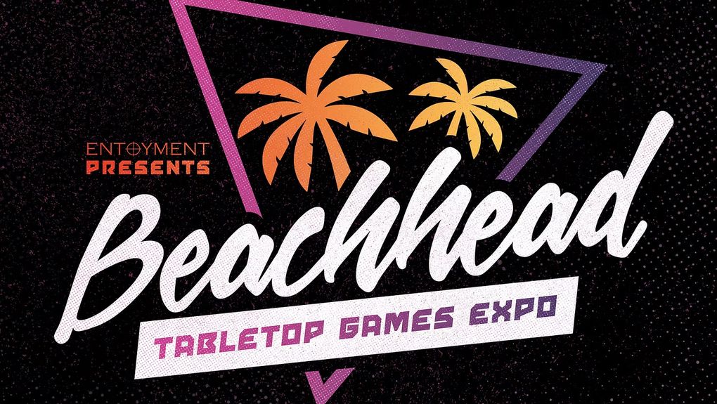 The design features the word "Beachhead" prominently in a bold, stylized font, with the phrase "TABLETOP GAMES EXPO" beneath it. Vibrant palm trees in orange and yellow are positioned above the text, set against a dark, textured background with geometric shapes in purple and pink. The overall aesthetic conveys a lively and tropical theme, suitable for a gaming event.