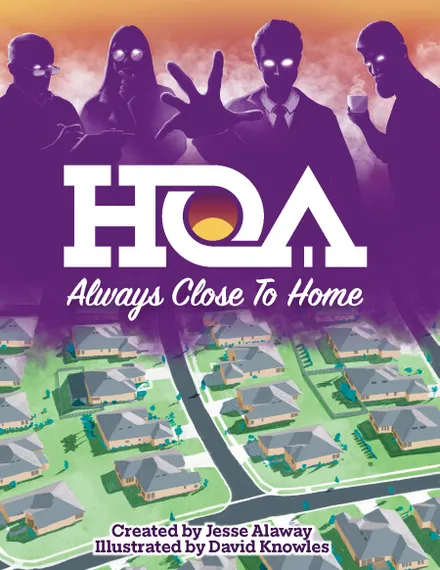 HOA logo with text "Always Close To Home" over a suburban neighborhood map and silhouettes of people.