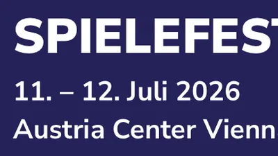 A promotional graphic for Spielefest Wien features bold white text on a deep blue background. The event name "SPIELEFEST WIEN" is prominently displayed at the top, followed by the dates "11. – 12. Juli 2026" and the location "Austria Center Vienna." The design includes dynamic lines on the right side, adding a modern touch to the overall layout.