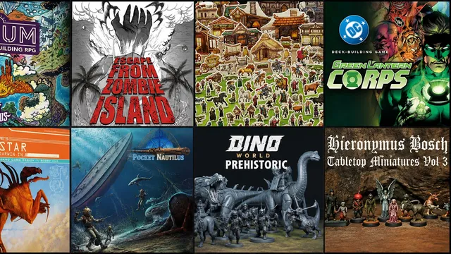 Six tabletop game covers: Zombicide, village scene, Green Lantern, Dino World, Pocket Nautilus, Hieronym.
