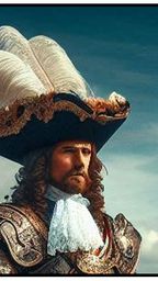 A man dressed in elaborate historical attire stands against a dramatic sky. He wears a large, ornate hat adorned with white feathers and intricate gold detailing, complemented by a ruffled white cravat and a richly decorated coat. His long hair cascades over his shoulders, adding to the regal appearance.
