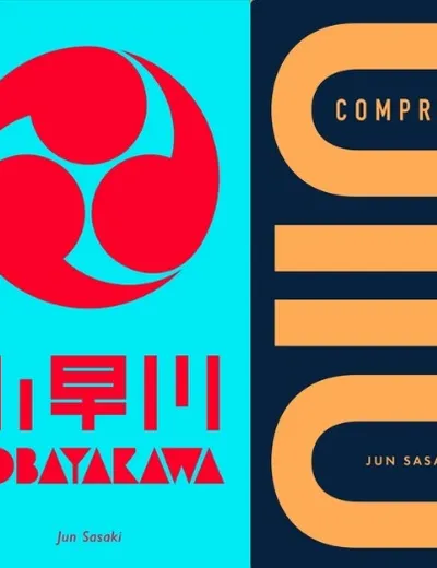 Three game covers are displayed side by side. On the left, a blue cover features the title "The Frozen Passage" in white text. The center cover, titled "Kobayakawa," showcases a bold red circular design against a turquoise background, with the title in red Japanese characters below. On the right, the cover for "Compress" is dark blue with the title in large, orange letters, and the designer's name, Jun Sasaki, is also included in a smaller font.