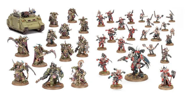 A collection of miniatures representing the forces of Khorne and Nurgle from Games Workshop. On the left, a green armored vehicle is accompanied by several Nurgle-themed figures, characterized by their grotesque details and muted colors. On the right, Khorne warriors are depicted in vibrant red and black armor, showcasing a variety of weapons and dynamic poses, all set on circular bases.