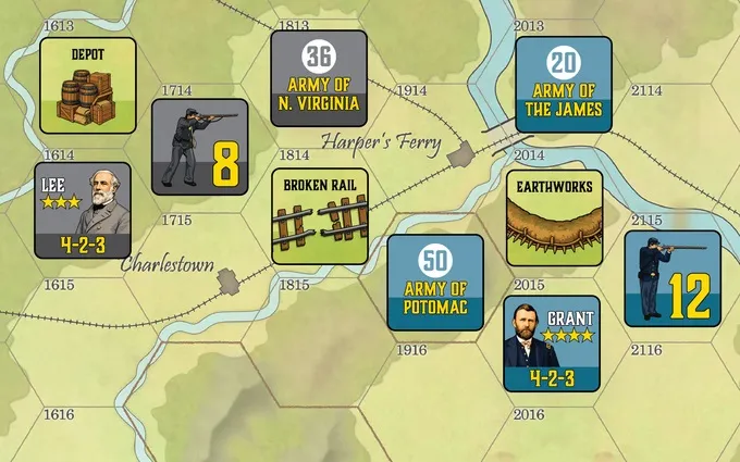 Hex map with units, locations, and labels like "Army of N. Virginia", "Army of the James", "Broken Rail", "Earthworks", "Army of Potomac", and "Grant 4-2-3".