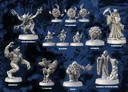 A collection of intricately designed miniatures features various characters and creatures from the Fighting Fantasy universe, displayed against a dark, textured background. Prominent figures include the grotesque Bloodbeast, the fierce Lizard King, and the villainous Zagor, each rendered in fine detail. Other notable characters include Chadda Darkmane, the shapeshifting Shapechanger, and the peculiar Jib-Jib, showcasing a diverse array of fantasy elements.