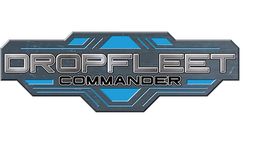 The logo for "Dropfleet Commander" features a sleek, metallic design with a combination of silver and blue colors. The word "DROPFLEET" is prominently displayed in bold, silver letters, while "COMMANDER" is positioned below in a slightly smaller font. The background includes angular shapes and lines that enhance the futuristic and sci-fi aesthetic of the game.