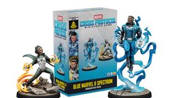 A character pack for the Marvel: Crisis Protocol game features two dynamic miniatures: Blue Marvel, depicted in a blue and black suit with energy effects around him, and Spectrum, shown in a black and white suit with a star emblem, holding an energy orb. The pack is displayed alongside its colorful box, which includes artwork of both characters and the title "BLUE MARVEL & SPECTRUM CHARACTER PACK." The background includes rocky terrain, enhancing the superhero theme.