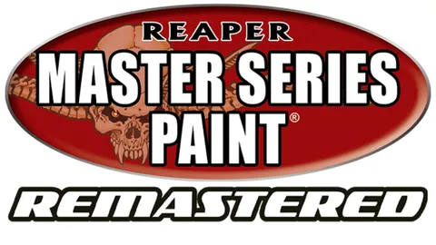 A bold logo features the text "REAPER MASTER SERIES PAINT" prominently displayed in large, white letters against a red oval background. Above the text, a stylized skull with horns adds a striking visual element, enhancing the theme of fantasy and adventure. Below, the word "REMASTERED" is presented in a sleek, modern font, emphasizing the updated nature of the paint line.