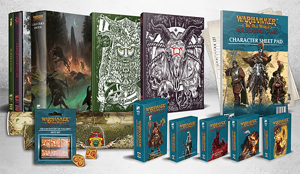 A collection of items from the forthcoming Warhammer: the Old World roleplaying game is displayed prominently. In the background, two large hardback books, the Player's Guide and Gamemaster's Guide, feature intricate cover art, while a character sheet pad is visible to the right. In the foreground, various reference card packs and a set of dice are arranged neatly, showcasing their colorful designs and thematic artwork.