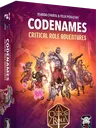 The box cover for "Codenames: Critical Role Adventures" features a vibrant illustration of several iconic characters from the Critical Role universe. In the foreground, a diverse group of adventurers is depicted, including a large, muscular character wielding a weapon, a spellcaster with glowing hands, and a character holding a lute. The background showcases a colorful sunset with silhouettes of trees and mountains, while the title "Codenames: Critical Role Adventures" is prominently displayed at the top in bold, stylized lettering.