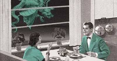 A 1950s couple dining at a table with a large insect outside the window.