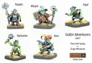 A collection of five 28mm scale goblin miniatures, each representing a different adventurer class: a Paladin, Wizard, Thief, Barbarian, and Bard. The Paladin stands confidently with an axe, while the Wizard holds a spellbook and staff. The Thief is depicted sneaking with a dagger, the Barbarian wields a large mace, and the Bard strums a lute, all set on bases adorned with tufts of grass. The text "Goblin Adventurers" is displayed prominently, along with the logo of Alternative Armies.