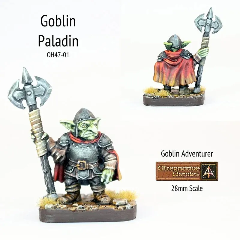 A 28mm scale miniature of a Goblin Paladin stands confidently, holding a large axe in one hand and wearing a helmet and armor. The Goblin features green skin, a red cape, and a determined expression, with details like a belt and boots visible. The base is adorned with tufts of grass, enhancing the adventurous theme of the character.