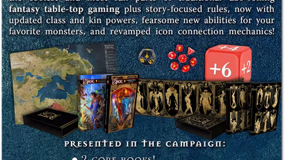 13th Age Second Edition list of features in the kickstarter campaign detailing 2 books, GM screen, Velvet Map and a custom dice set