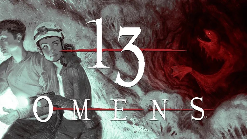 Two people in dim lighting, one wearing a helmet and holding a flashlight, the other following closely. A decrepit, textured wall in the background. Large, bold text reads "13" and "OME" with a red line crossing through the "M" and "E".