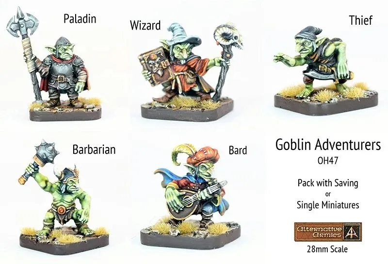 A collection of five 28mm scale goblin miniatures, each representing a different adventurer class: a Paladin, Wizard, Thief, Barbarian, and Bard. The Paladin stands confidently with an axe, while the Wizard holds a spellbook and staff. The Thief is depicted sneaking with a dagger, the Barbarian wields a large mace, and the Bard strums a lute, all set on bases adorned with tufts of grass. The text "Goblin Adventurers" is displayed prominently, along with the logo of Alternative Armies.