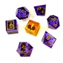 A collection of seven polyhedral dice in various shapes and sizes, primarily in shades of purple with gold numbering. Among them is a distinctive orange die featuring a design of a longhorn skull and roses. One die displays the "Deadlands" logo, while others have intricate patterns and symbols, enhancing their thematic connection to the Weird West genre.
