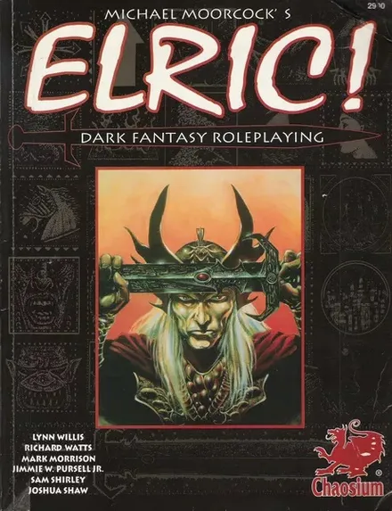 The cover of the "Elric!" roleplaying game features a striking illustration of a pale-skinned, long-haired figure wearing a crown adorned with horns, symbolizing the character Elric of Melnibone. His intense gaze is directed forward, and he holds a sword, hinting at the dark fantasy themes of the game. The title "MICHAEL MOORCOCK'S ELRIC!" is prominently displayed at the top, with the subtitle "DARK FANTASY ROLEPLAYING" beneath it, all set against a dark, ornate background that enhances the mystical atmosphere.