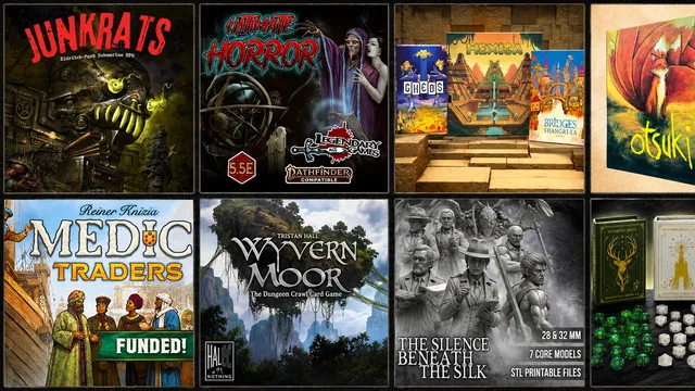 Four tabletop game box covers: Ultimate Horror, Mexico, Wyvern Moor, The Silence Beneath the Silk.