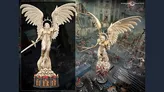 The image features a striking shrine statue of an angelic figure with large, detailed wings and a sword, standing atop a base adorned with skulls and intricate designs. The statue is presented in two views: one close-up showcasing its ornate features and another wider shot that places it within a detailed tabletop gaming setting, surrounded by various miniatures and terrain elements. The overall color scheme is predominantly light, emphasizing the statue's ethereal quality against the darker, chaotic backdrop of the game environment.
