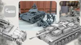 A collection of detailed 3D-printed models showcases various military vehicles and figures. In the center, a tank is depicted with a crew member on top, while several soldiers are positioned around it, engaged in action. The models are presented in a gray color, highlighting their intricate designs, including a half-track vehicle on the left and a tank on the right, set against a backdrop of brick walls.