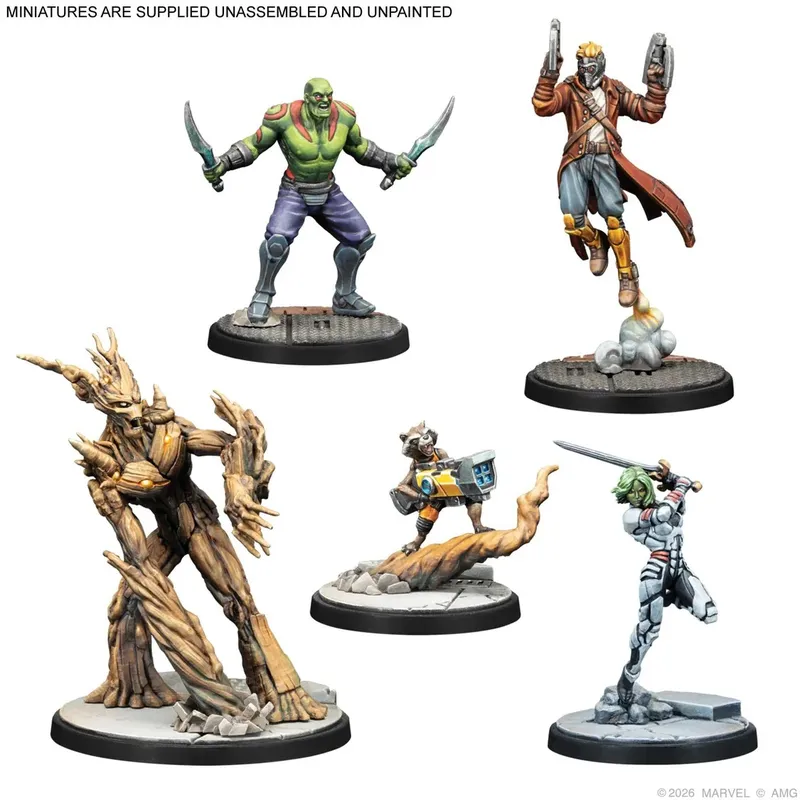 Five unpainted miniature figurines on circular bases: a green-skinned humanoid holding two knives, a humanoid in a brown coat and helmet holding two circular weapons, a tree-like humanoid with wooden limbs, a raccoon-like humanoid with a mechanical backpack holding a device, and a humanoid with green hair wielding a sword. Text at the top reads "MINIATURES ARE SUPPLIED UNASSEMBLED AND UNPAINTED". Text at the bottom reads "©2026 MARVEL © AMG".