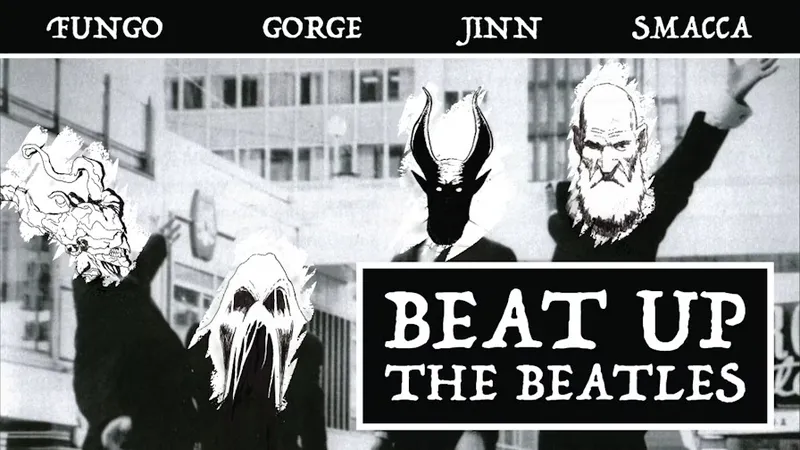 A black-and-white illustration features four characters with distinct, monstrous designs, each wearing suits and striking dynamic poses. The characters are labeled with names: "Gorge," "Jinn," "Smacca," and "Ygo," and they appear to be engaged in a playful confrontation. The title "BEAT UP THE BEATLES" is prominently displayed at the bottom in bold, stylized text, adding a humorous twist to the scene.
