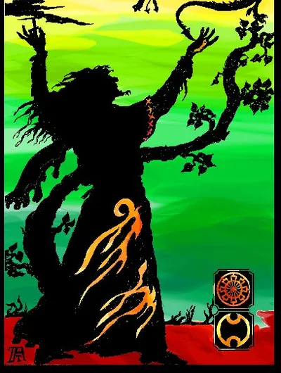 A silhouetted figure, possibly a mage, stands with arms raised against a vibrant gradient background of green and yellow. The figure is adorned with flowing robes featuring flame-like designs, and a dragon-like creature spirals above. In the lower right corner, there are two symbols, one circular and one resembling a stylized flame, adding to the mystical theme.
