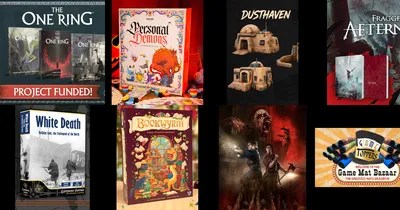"Personal Demons" book cover, "Bookwyrm" game box, "DUSTHAVEN" text, miniature buildings, fantasy art.
