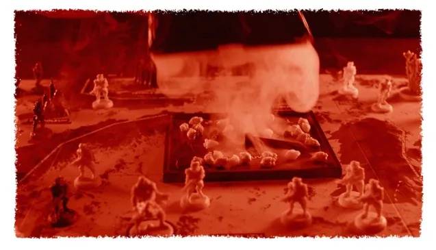 Miniature figures on a game board with a large monolith and a hand reaching towards them.