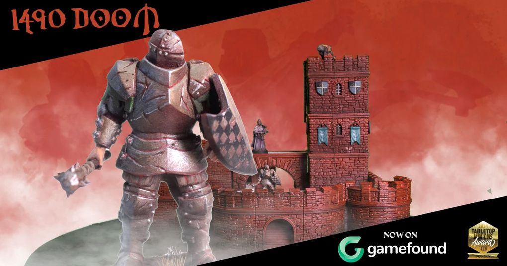 A detailed scene features a medieval-style castle tower made of dark stone, complete with battlements and blue banners hanging from the windows. In the foreground, a knight in armor holds a shield adorned with a checkered pattern, standing ready for battle. The background is filled with a dramatic red sky, enhancing the grimdark atmosphere of the setting. The text "NOW ON gamefound" is prominently displayed in the lower corner, along with a badge indicating a tabletop gaming award.