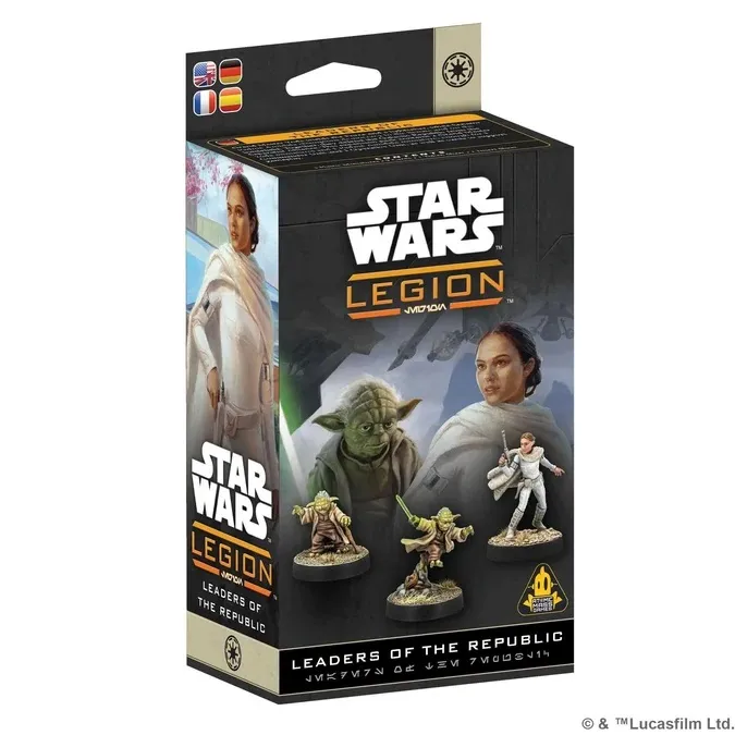 Star Wars Legion Leaders of the Republic box with Yoda, Padme, and miniatures.