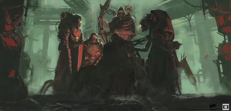 A dark and atmospheric illustration depicts two figures in a grim, industrial setting. On the left, a robed character with a skeletal face and glowing eyes stands, while on the right, a heavily augmented Tech-Adept in a long cloak looms, showcasing mechanical enhancements. The background features a misty, greenish hue with hints of machinery and structures, enhancing the eerie ambiance of the Adeptus Mechanicus theme.