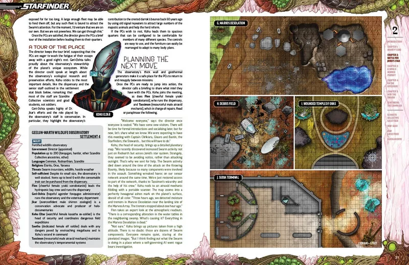 A blue-skinned alien in armor, a map with labeled locations, and a page of text.