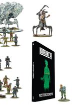 A collection of miniatures from Warlord Games' Konflikt ’47 is displayed, featuring various figures including soldiers, zombies, and mechanical creatures. Prominently featured is the book titled "Konflikt ’47: Festung Europa," which showcases a green silhouette on its cover. Among the miniatures, a notable figure in powered armor and a mechanical creature stand out, highlighting the game's unique blend of historical and fantastical elements.