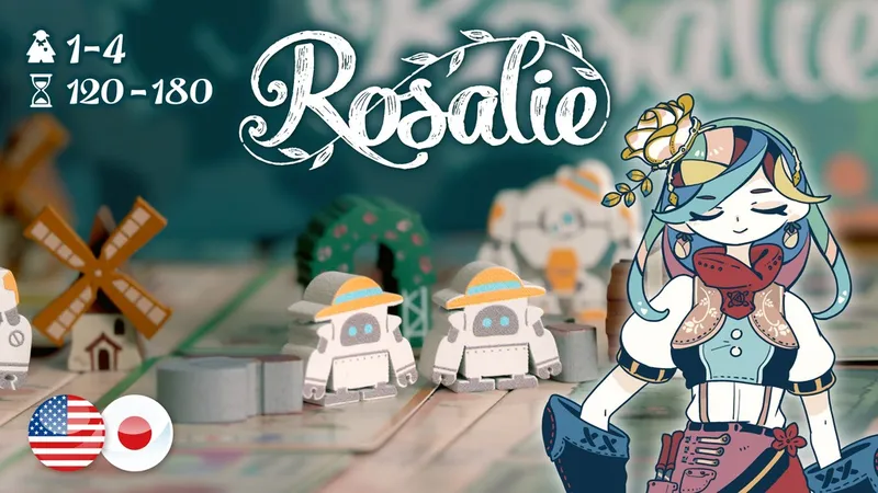 "Rosalie" with two small robots wearing hats on a game board, illustrated character with flowers.