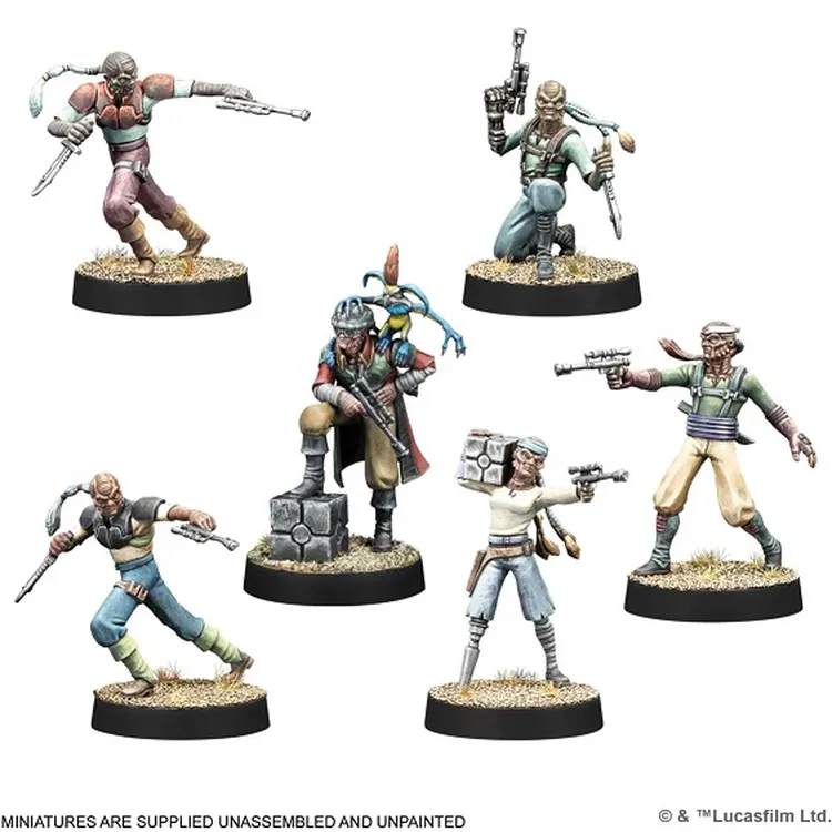 A collection of six unpainted miniatures representing Weequay pirates from the Star Wars universe, arranged in a dynamic formation. Each figure showcases distinct poses and weaponry, including blasters and melee weapons, with varied clothing styles that reflect their mercenary nature. The bases are textured to resemble a rugged terrain, enhancing the overall aesthetic of the miniatures.