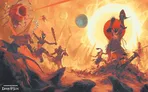 Fantasy battle scene with warriors, glowing orbs, and fiery sky.