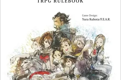 The cover of the "Octopath Traveler TRPG Rulebook" features a colorful illustration of eight characters from the game, each with distinct appearances and poses, gathered together in a dynamic composition. Prominent in the center is a character with dark hair, flanked by a mix of heroes and a large wolf, all set against a soft, watercolor-like background. The title "OCTOPATH TRAVELER" is displayed at the top, with "TRPG RULEBOOK" beneath it, and the game designer's credit is noted at the bottom.
