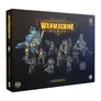 A boxed set titled "Cygnar Gravediggers Auxiliary Expansion Set" features a collection of miniatures from the Warmachine game. The set includes a variety of characters, such as a large character heavy warjack and several elite veteran figures, all adorned in blue and yellow armor with intricate details. The box art showcases the miniatures in dynamic poses, emphasizing their tactical roles within the Gravediggers army.