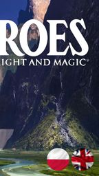 A book cover for "Heroes of Might and Magic" features a fantasy illustration of a knight on horseback, set against a dramatic landscape of towering cliffs and a castle in the background. The title "HEROES OF MIGHT AND MAGIC" is prominently displayed at the top, with the logos of Ubisoft and Modiphius at the bottom. Flags representing Poland and the United Kingdom are positioned in the lower right corner, indicating language options.