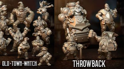 A collection of fantasy football miniatures features a squad from the Old Watch Town team, including three police dwarves, a dwarf blitzer, and two police halflings. A wooden golem and two star players, Klarice and the Judge, are also present. On the right, a selection of Throwback models showcases previous releases, highlighting the diverse range of characters in this expansion.