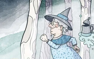 Witch in blue dress, pointed hat, holding cauldron, trees behind, text "OF FOLK AND FEY"