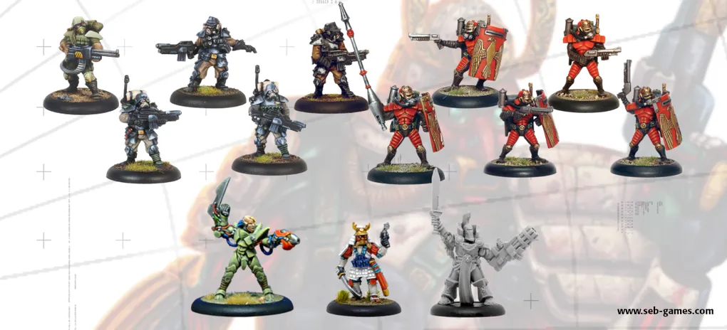 A collection of miniature figures showcases two new additions to the webshop. The top row features several armored warriors, including a fierce warrior from the Leviathan Classic Range, who channels Earthpower, and multiple Convict Auxilia in red armor, equipped for close combat. The bottom row includes a diverse array of characters, such as a figure in green with a bow, a samurai-inspired warrior, and a gray figure wielding a large weapon, all set against a subtle background.