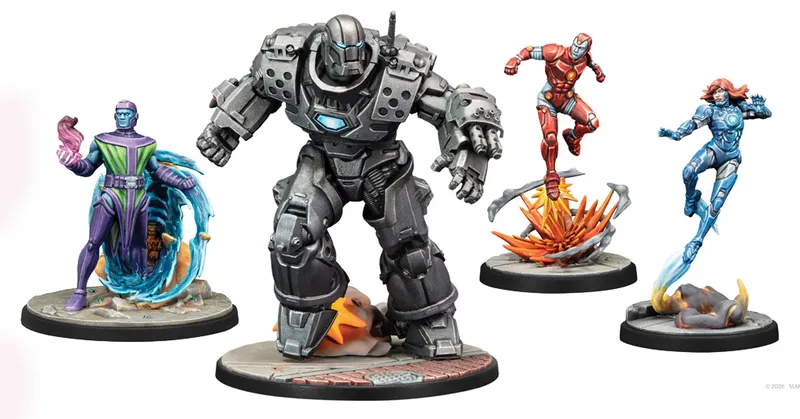 A collection of four detailed miniatures from Marvel: Crisis Protocol features Iron Monger, a large, armored figure in gray with a blue chest light, standing prominently in the center. To the right, Iron Man is depicted in his classic red and gold suit, mid-action with a dynamic pose. Next to him, Rescue is shown in a blue and silver suit, also in a dynamic stance, while a smaller figure of Iron Lad hovers nearby, showcasing a sleek design. The bases of the miniatures are textured, resembling a battle-worn environment.