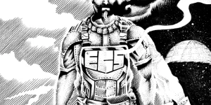 A rugged space explorer stands prominently in the foreground, wearing a detailed, futuristic suit adorned with various gadgets and tools. His expression is serious, and he holds a device in one hand, while the other reaches toward a ghostly, skeletal hand emerging from the ground. The background features a stark contrast of dark and light, with swirling clouds and a distant planet, creating an eerie atmosphere that complements the themes of horror and existential dread.