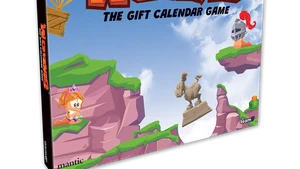 A colorful box for "Worms: The Gift Calendar Game" features a vibrant illustration of cartoonish landscapes with green hills and rocky cliffs. Prominent characters include a pink worm wearing a crown and a knight, both positioned on the cliffs, while a hot air balloon floats in the sky. The title is boldly displayed at the top, emphasizing the festive theme of the advent calendar.