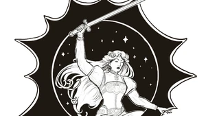 A dynamic black and white illustration features a heroic female figure wielding a sword, poised in an action stance. She has long flowing hair and is adorned in a detailed outfit, with intricate designs visible on her sleeves and waist. The background includes a circular motif filled with stars, surrounded by a jagged, starburst-like outline, enhancing the sense of movement and energy in the scene.